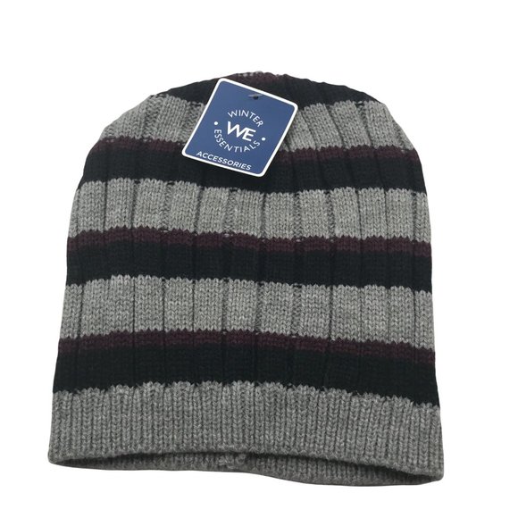 Winter Essentials Men's One Size Gray/Black/Burgundy Stripes Knit Beanie New - Picture 1 of 7